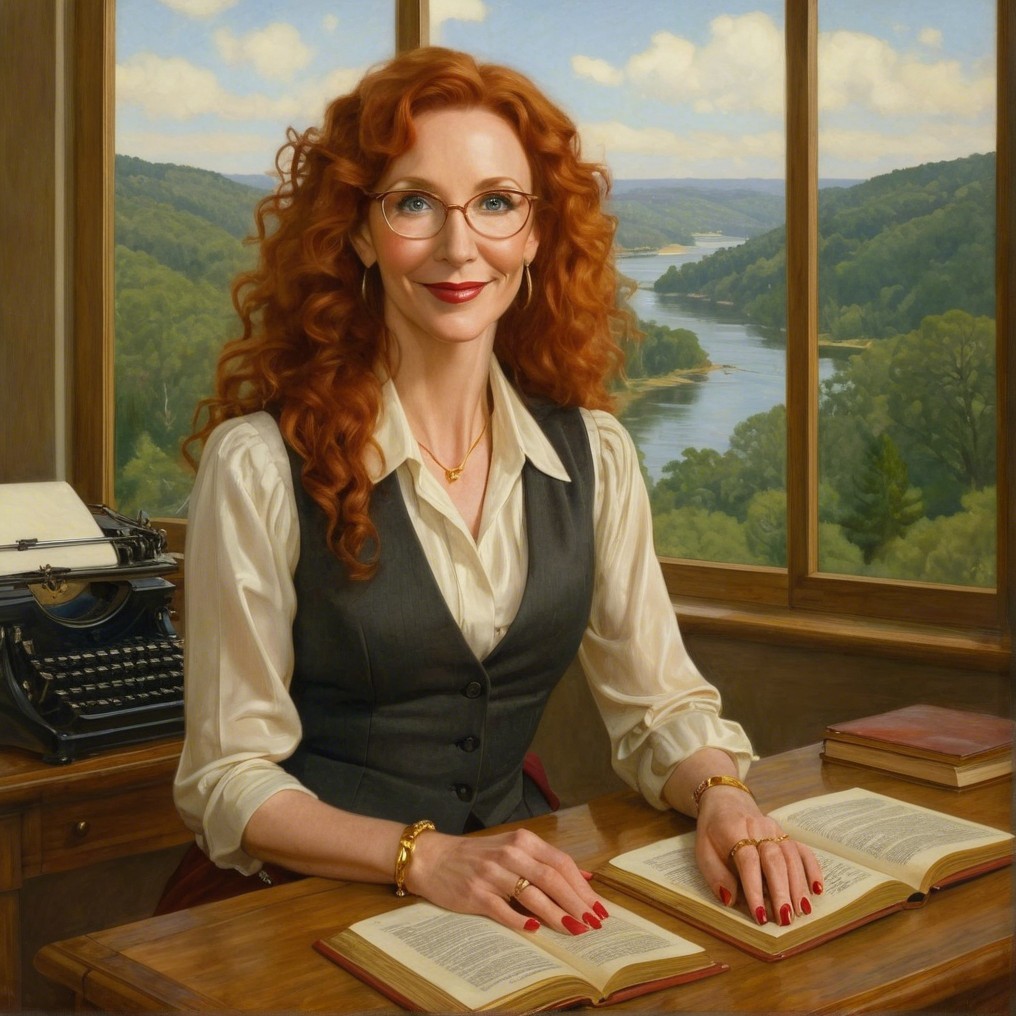 Red-haired woman at desk with books and typewriter