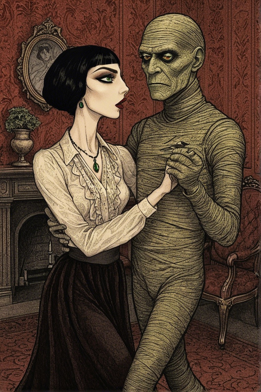 Stylish Woman Dances with Mummified Figure in Vintage Setting