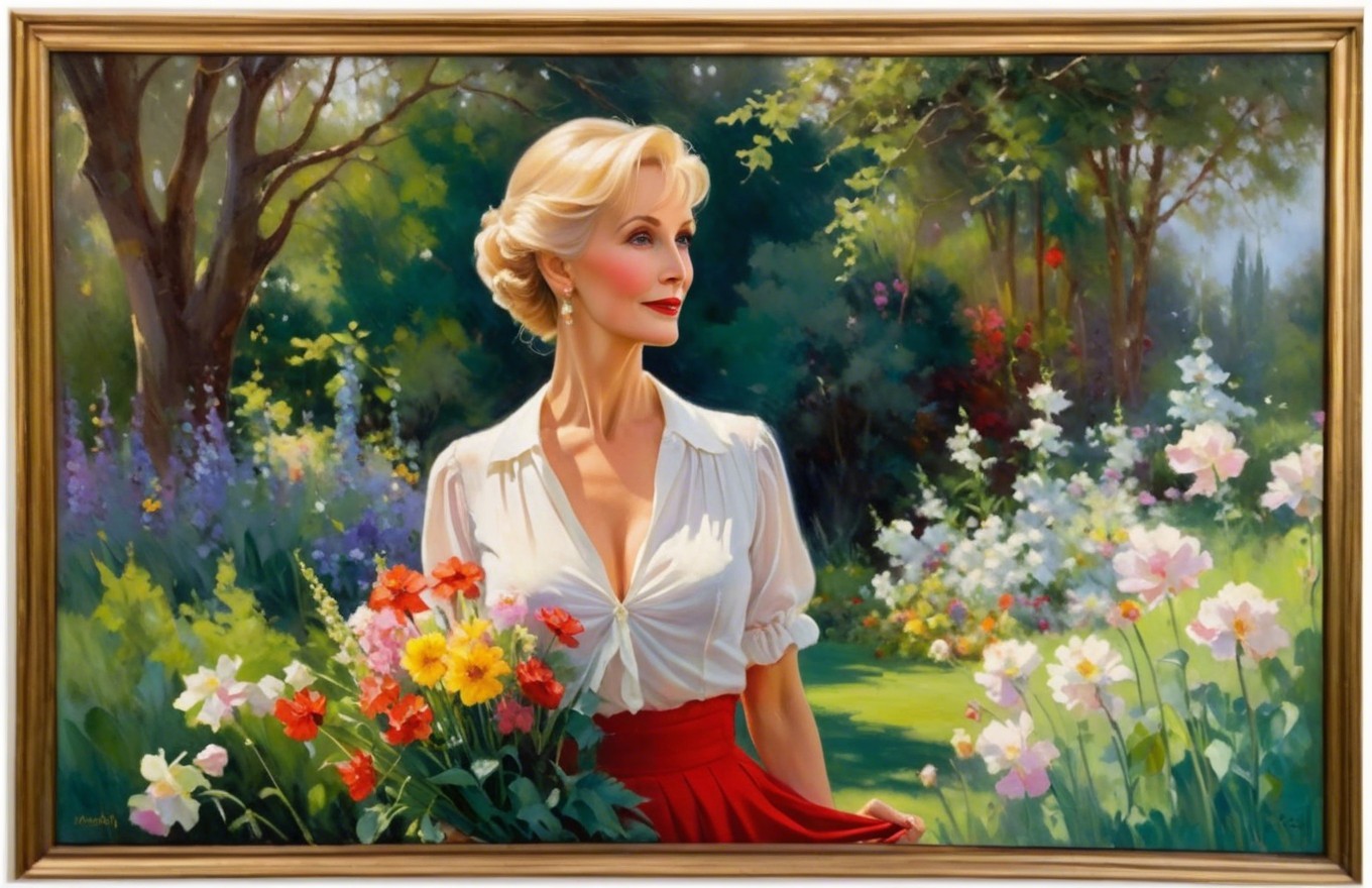 Elegant woman in garden with flowers and vibrant attire