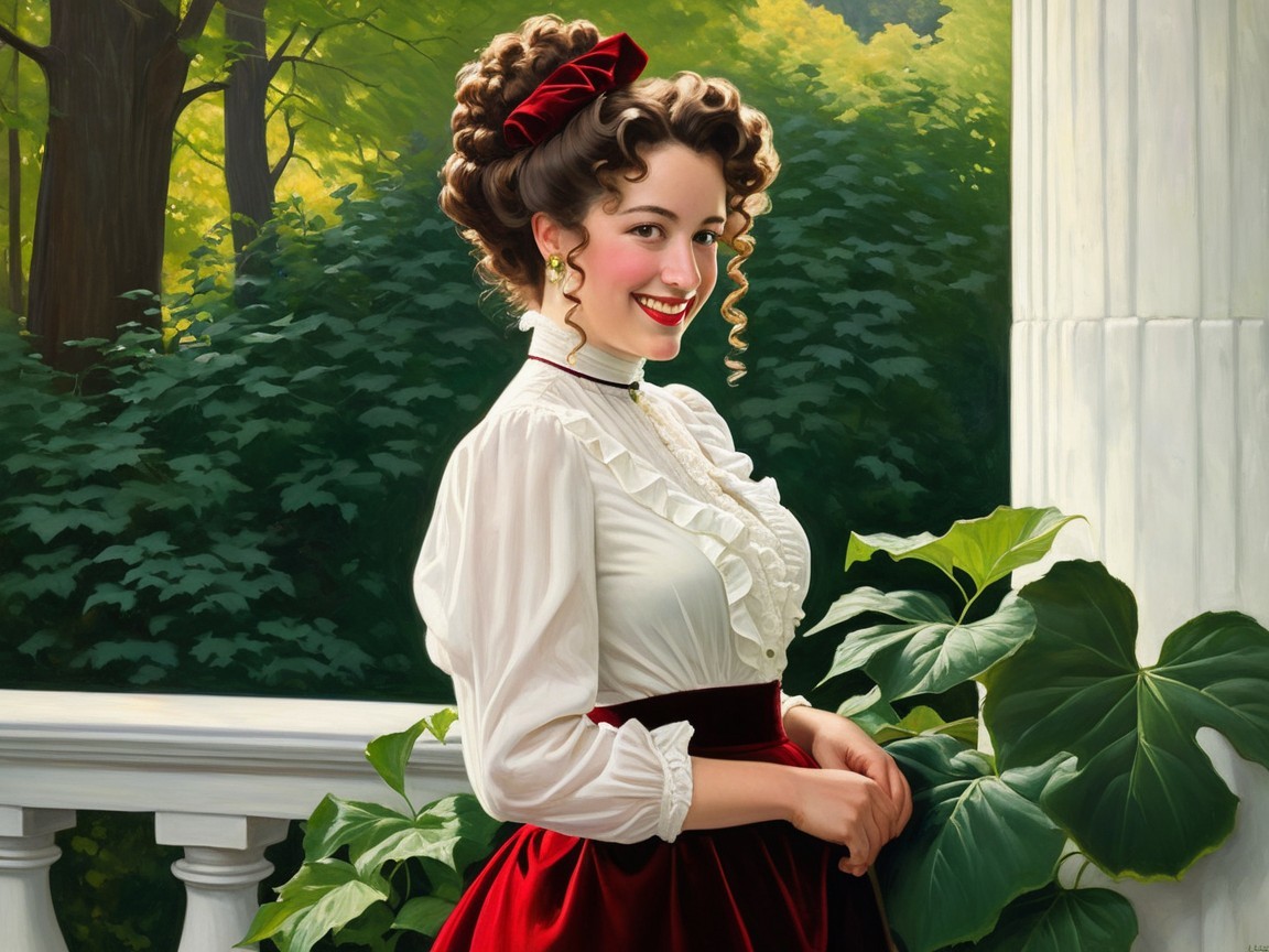 Young woman in vintage attire amidst lush greenery