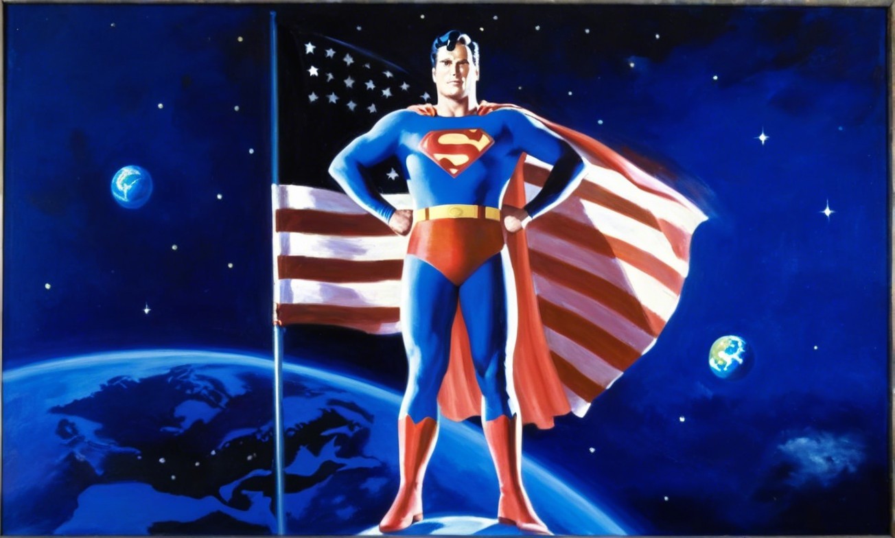 Heroic Figure in Costume Against Cosmic Background