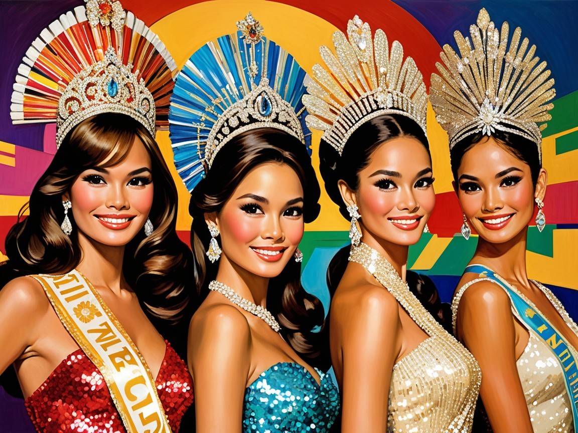 Beauty Pageant Contestants in Vibrant Dresses and Crowns