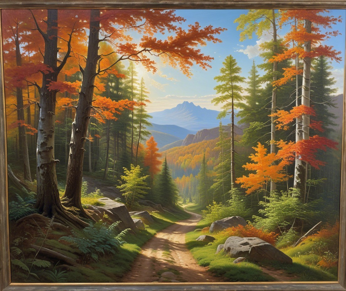 Serene Forest Path with Autumn Foliage and Mountains
