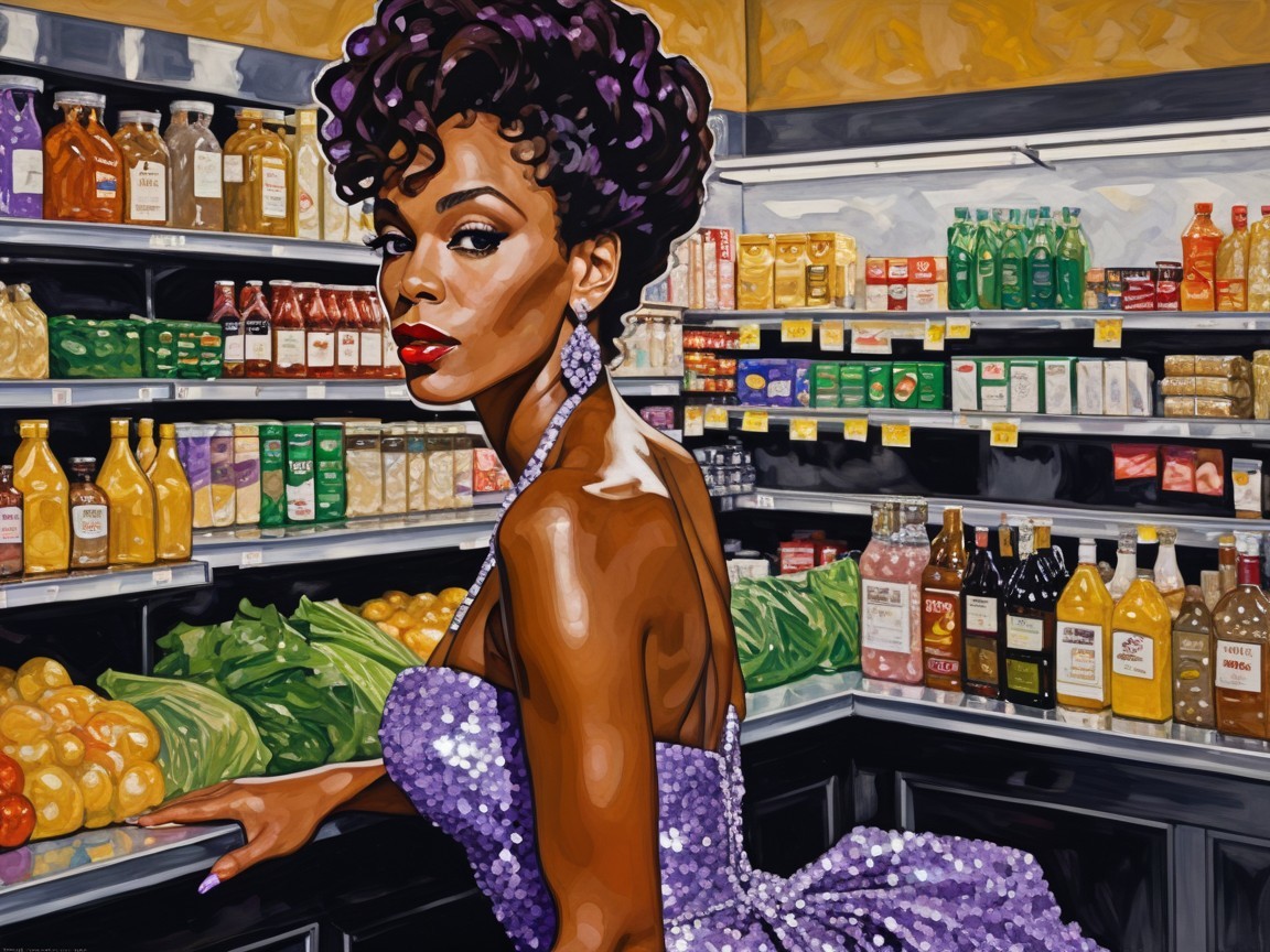 Glamorous Woman in Sequined Gown at Grocery Aisle