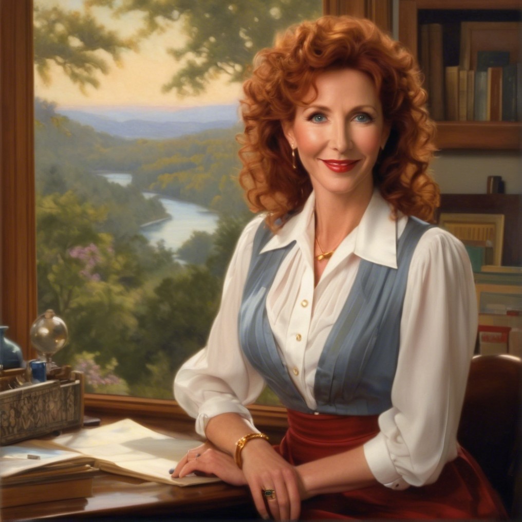 Woman with Red Curly Hair at Wooden Desk with View