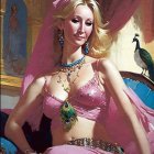 Elegant Woman in Pink Attire with Peacock and Jewelry