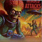 Retro Illustration of Mars Attacks with Aliens and UFOs
