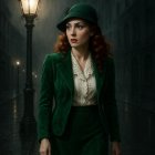 Vintage Green Velvet Suit in Misty Urban Setting