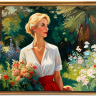 Elegant woman in garden with flowers and vibrant attire