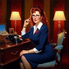Stylish Woman at Vintage Desk with Retro Telephone