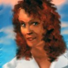 Woman with Curls and Blue Eyes Among Fluffy Clouds