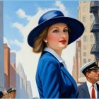 Glamorous Woman in Blue Hat on Busy City Street
