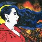 Illustration of a woman with blue hair and golden grasses