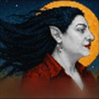 Portrait of a woman with black hair and moonlit backdrop