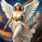 Serene Angelic Figure with Rainbow and Sunset Background