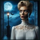 Woman in vintage white dress under full moonlight