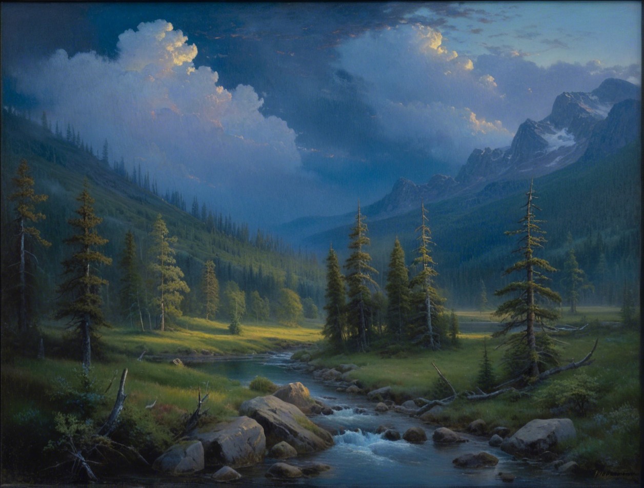 Tranquil River Landscape with Mountains and Meadows