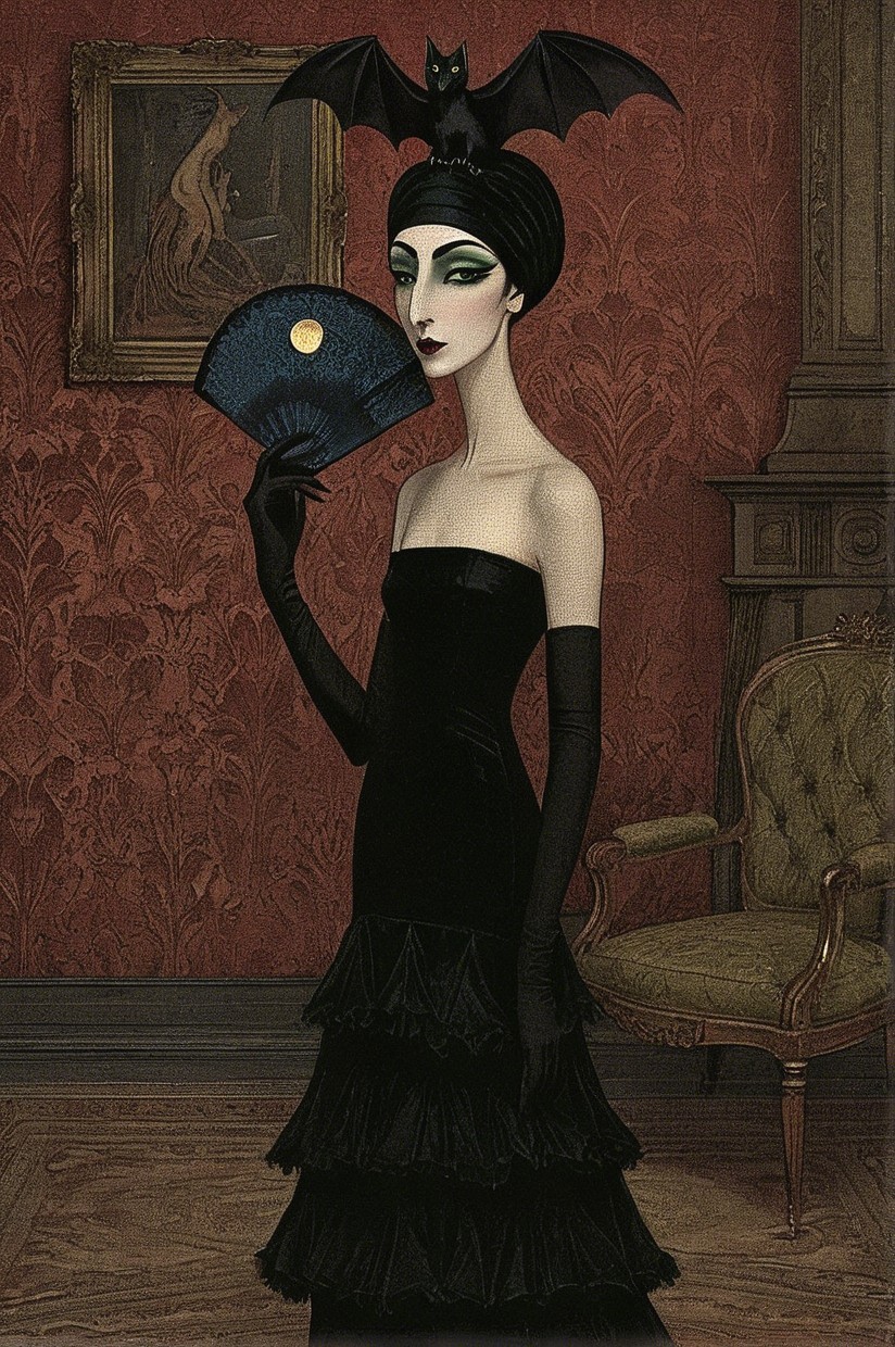 Elegant figure in black gown with gothic decor