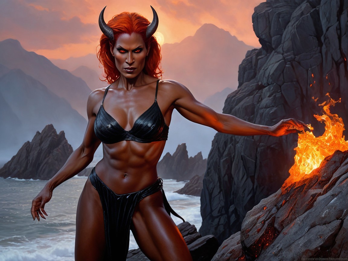 Muscular Figure with Red Skin and Horns in Dramatic Setting