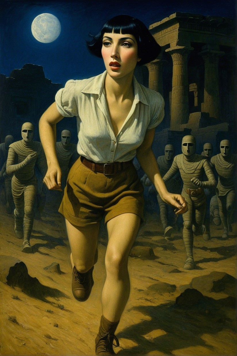 Woman in Bob Haircut Running from Mummies in Desert
