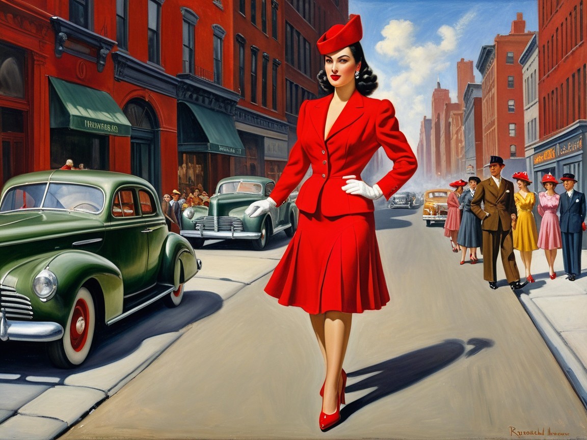 Glamorous Woman in Vintage Red Outfit on Bustling Street