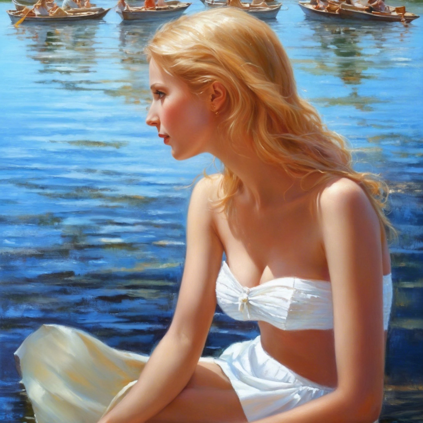 Young Woman by Shimmering Lake in White Bikini Top