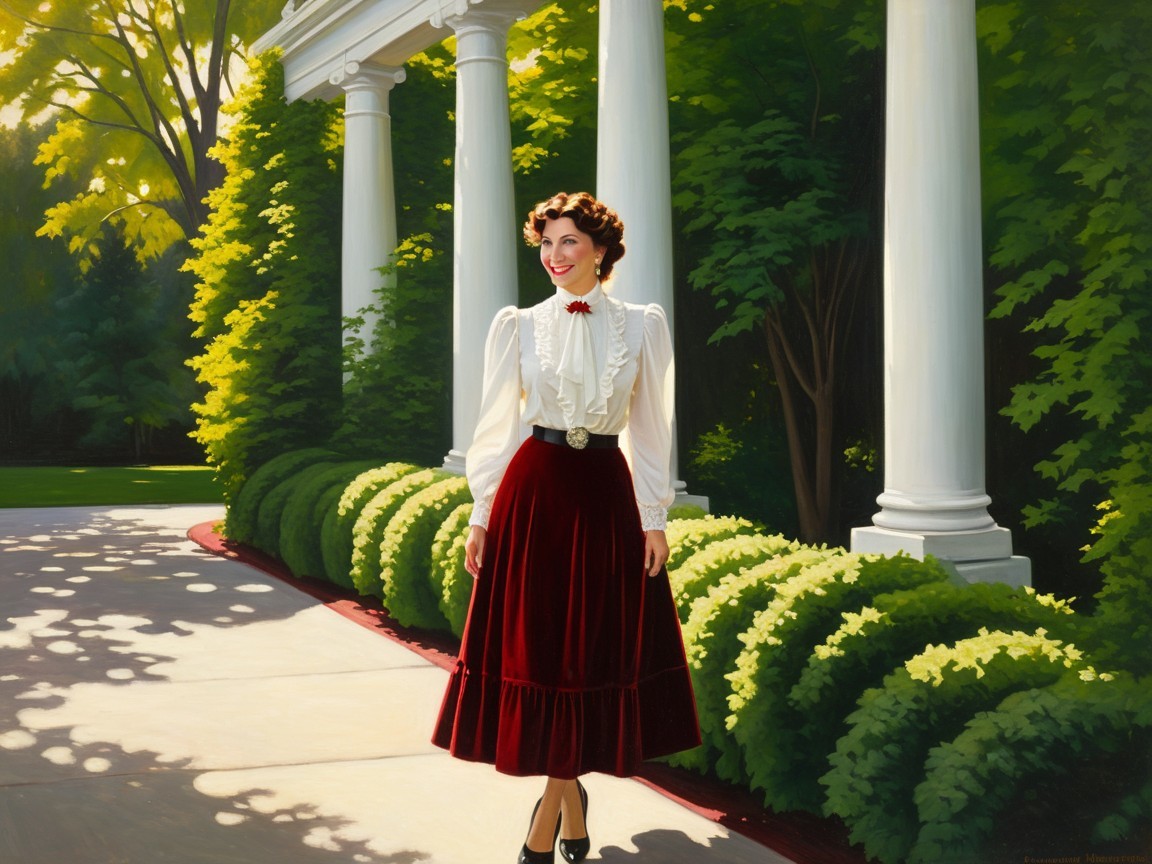 Woman in vintage outfit in sunlit garden setting