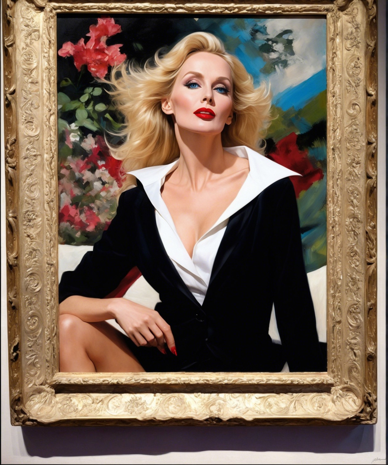 Elegant Woman in Black Suit with Floral Background