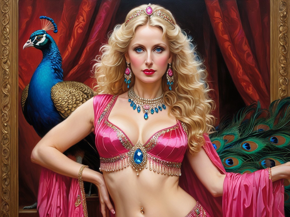 Glamorous Woman in Pink Costume with Peacock Background