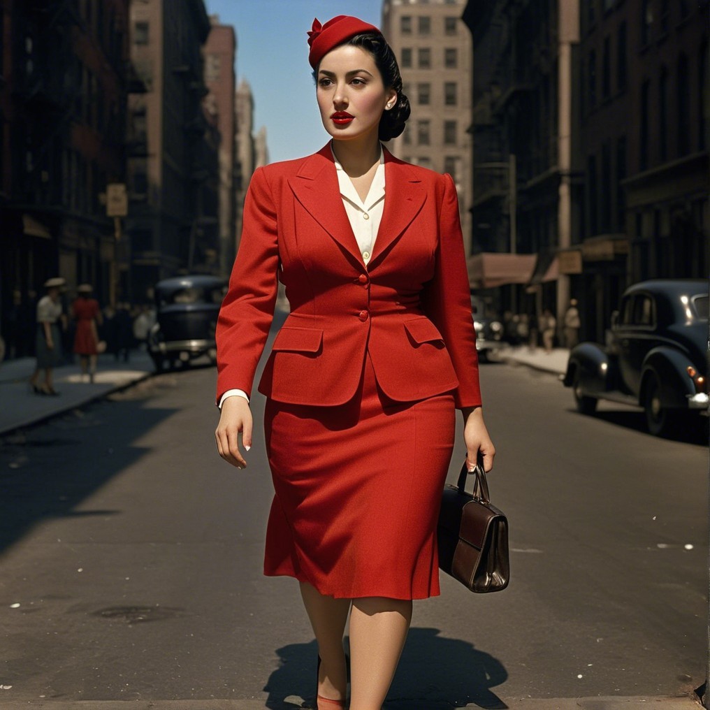 Stylish Woman in Red Suit on City Street