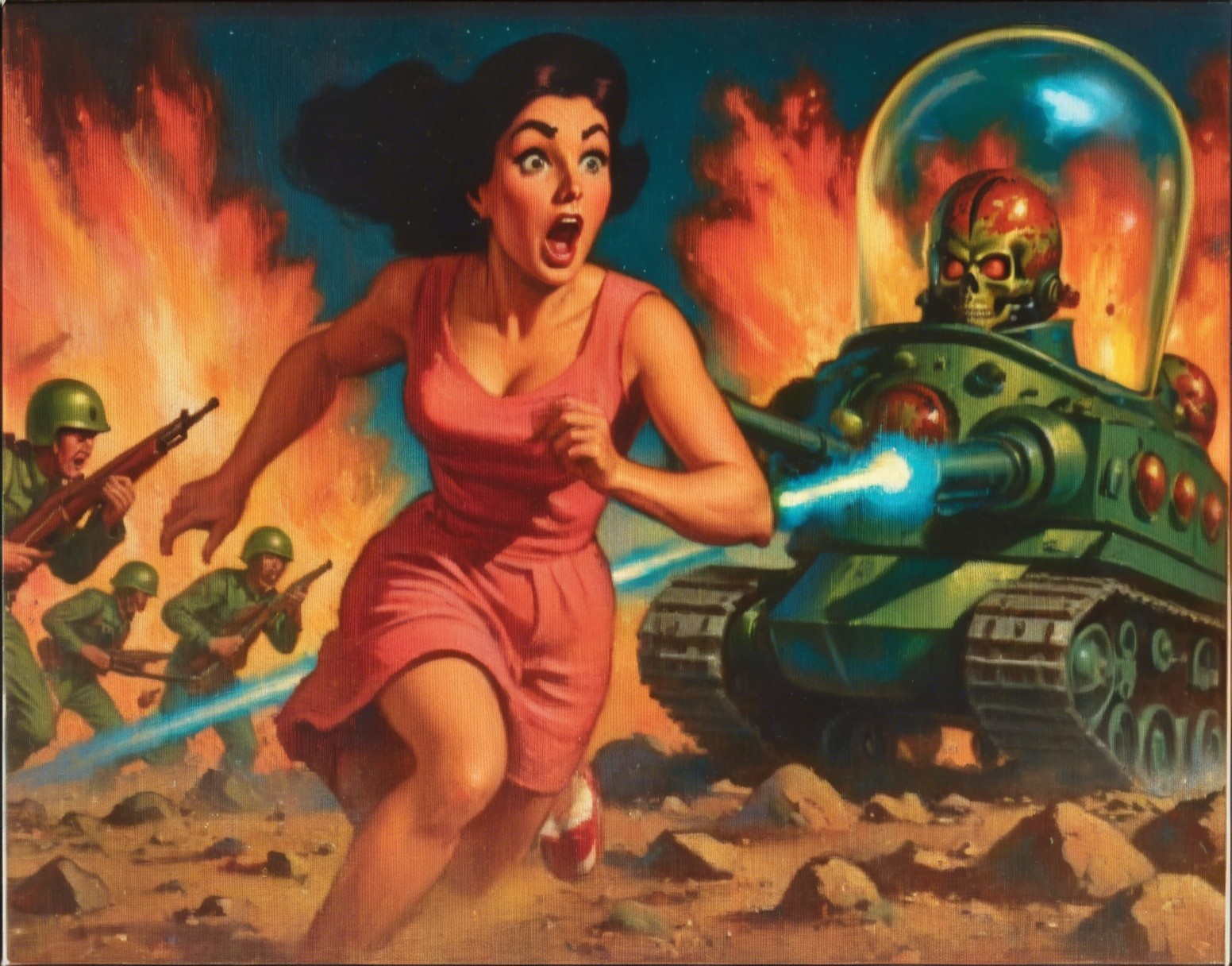 Dramatic retro sci-fi scene with woman and tank chaos