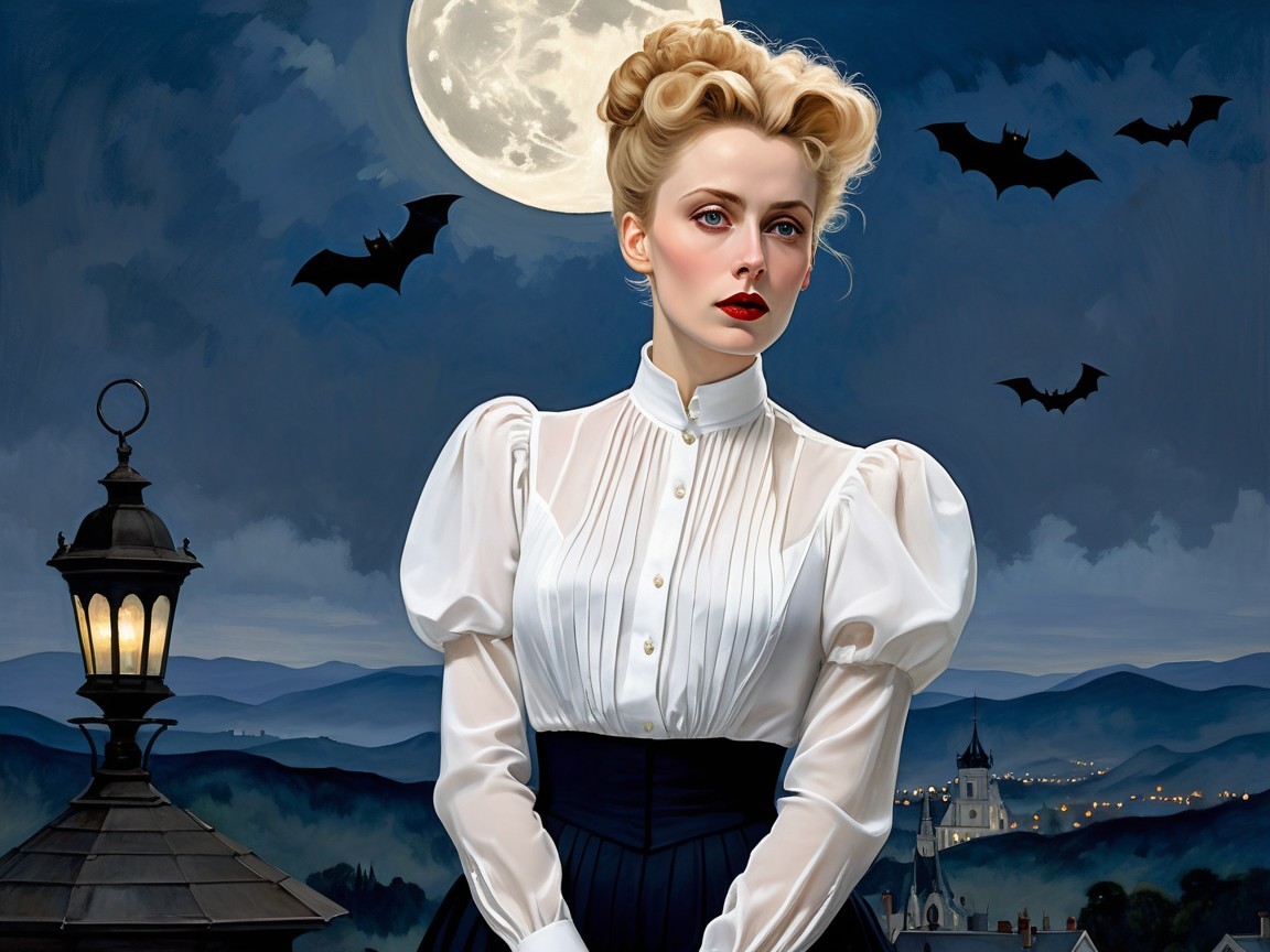 Elegant Woman in Vintage Attire Under Moonlit Sky