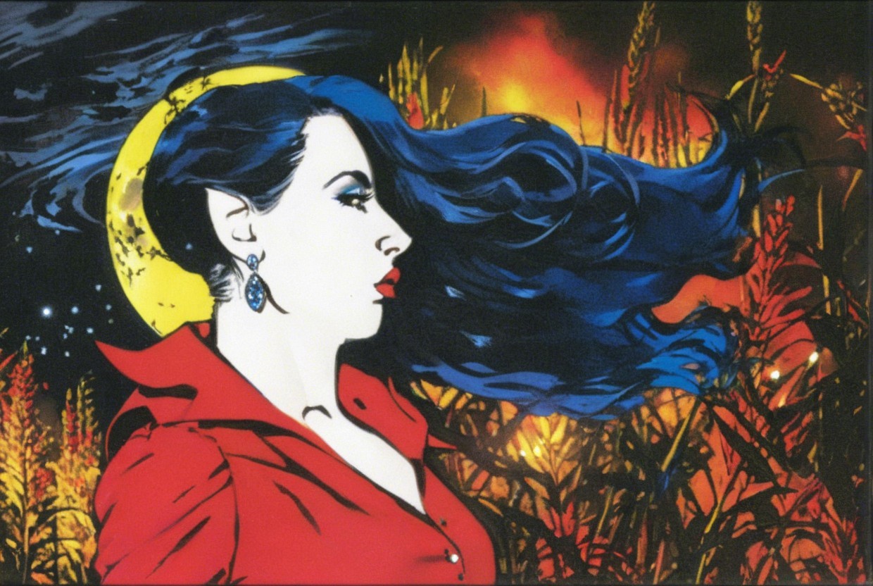 Illustration of a woman with blue hair and golden grasses