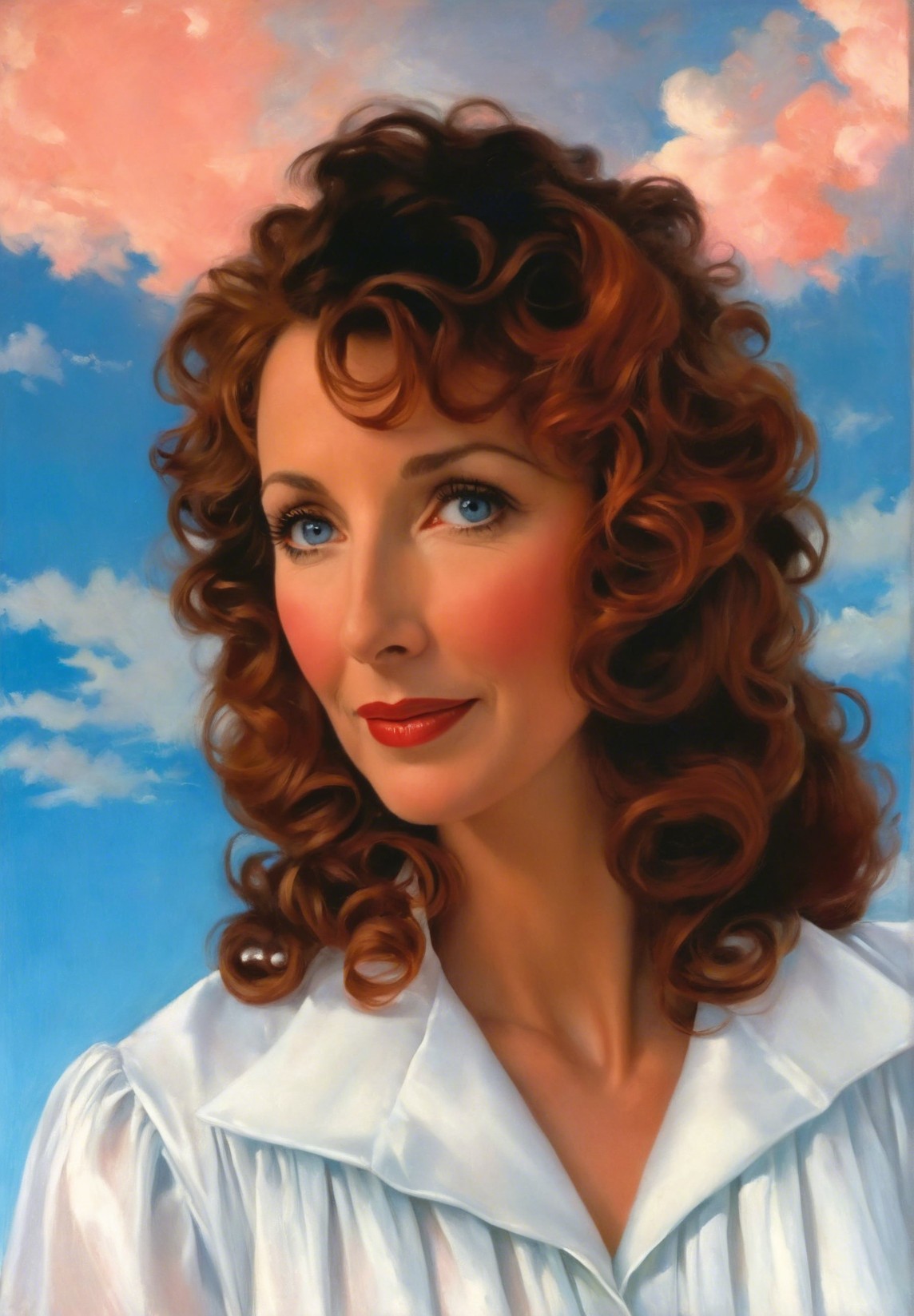 Woman with Curls and Blue Eyes Among Fluffy Clouds