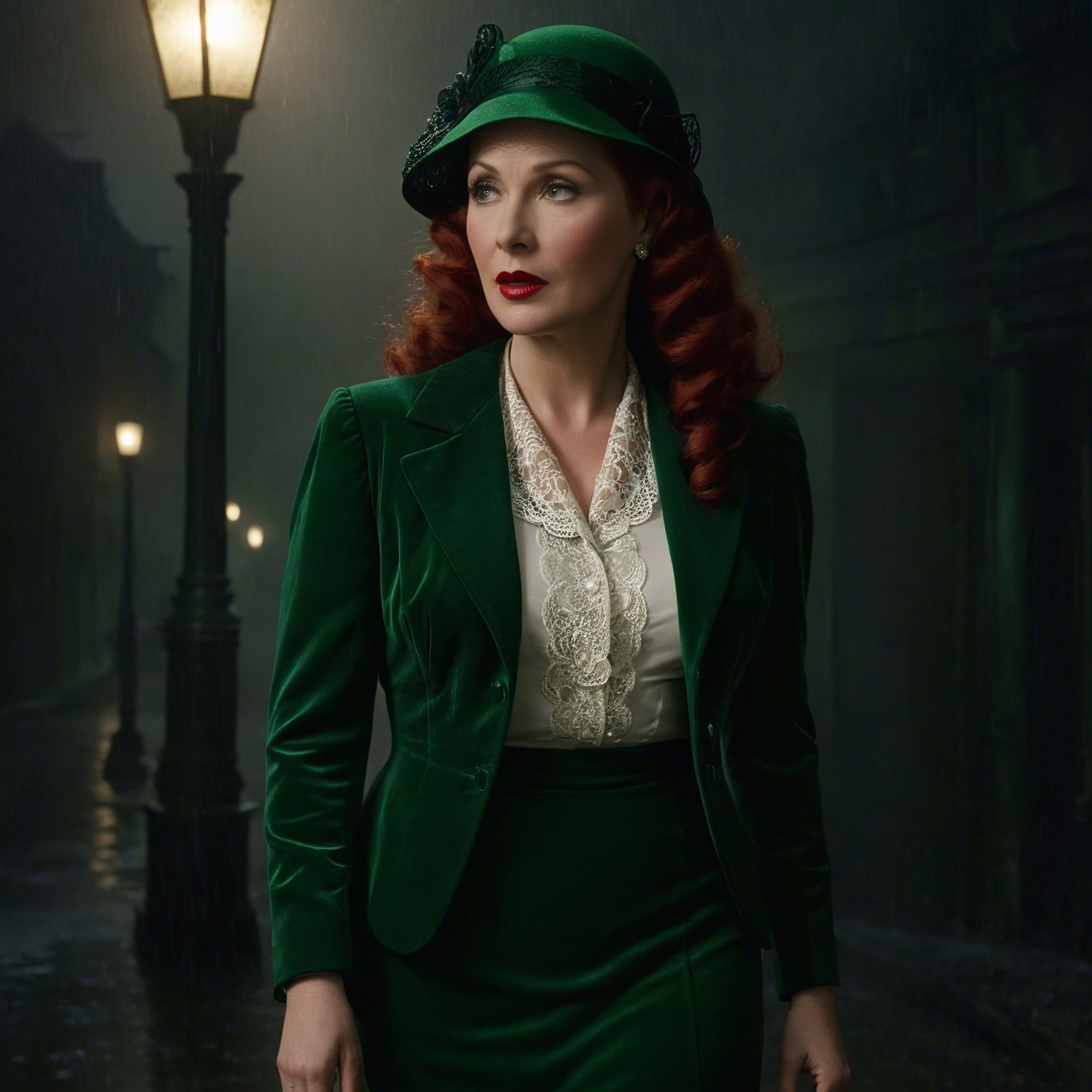 Vintage Green Velvet Suit in Misty Urban Setting