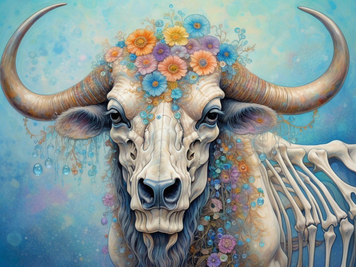 Bull Skull Decorated with Flowers and Vines