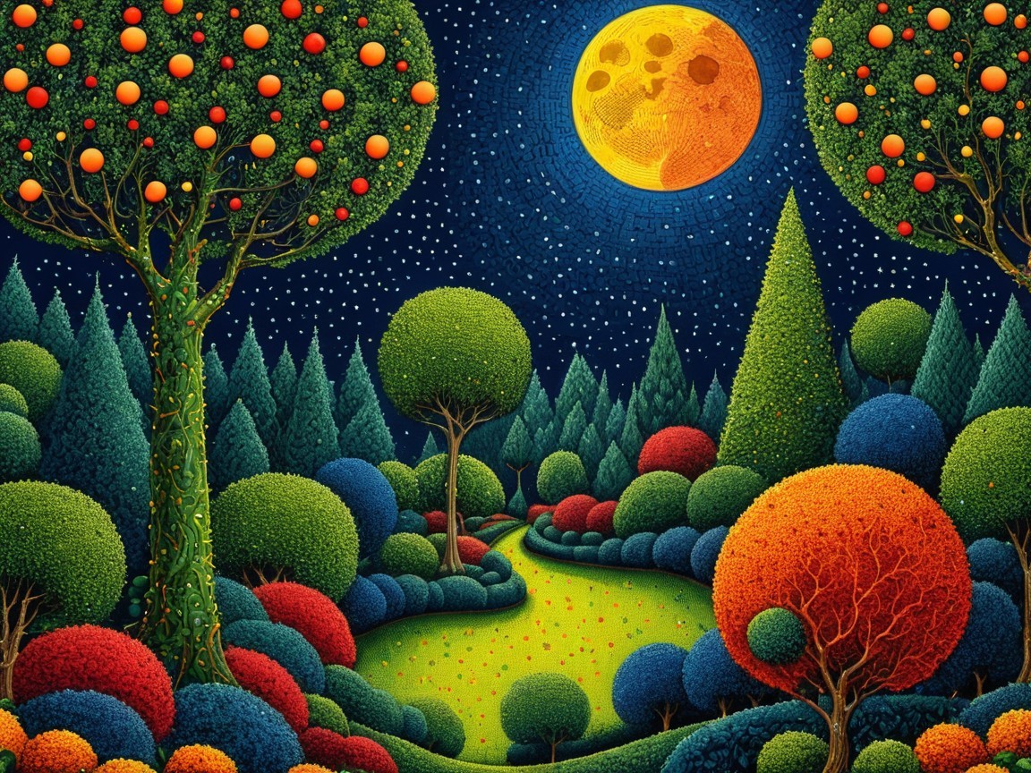 Whimsical Landscape with Colorful Trees and Moonlight