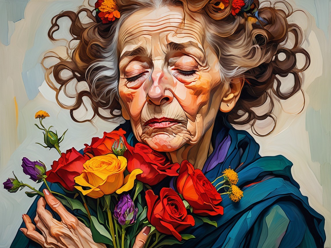 Elderly Woman Holding Vibrant Bouquet of Roses