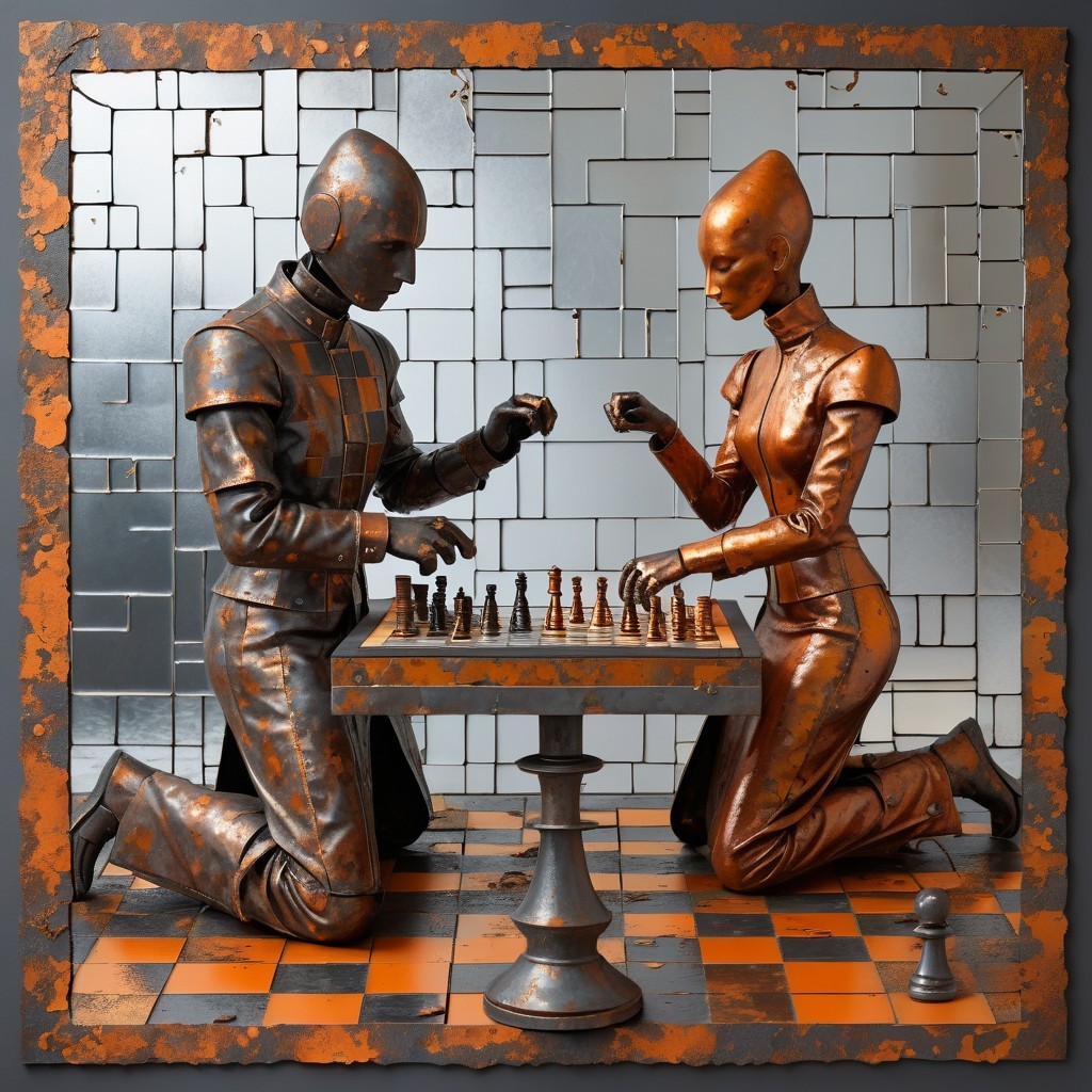 Metallic Humanoids Playing Chess in Futuristic Setting