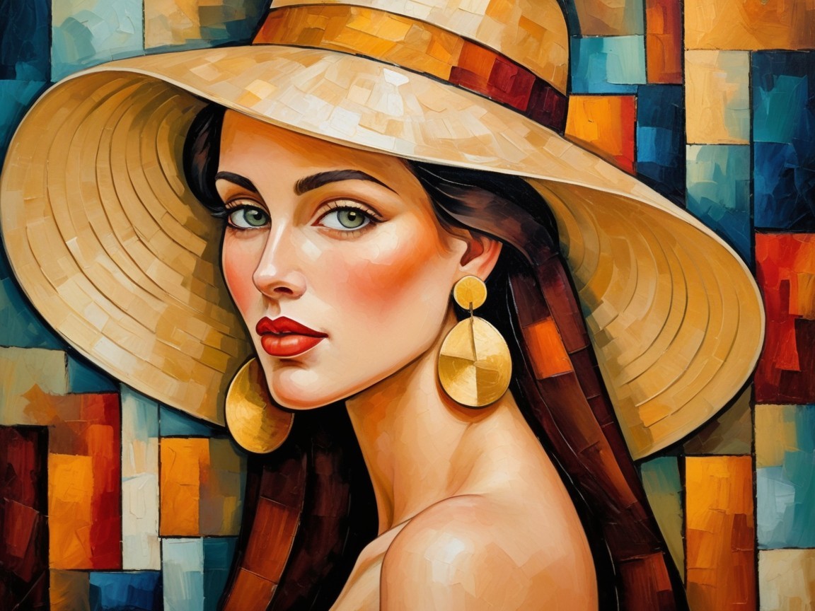 Portrait of a Woman with Straw Hat and Geometric Background