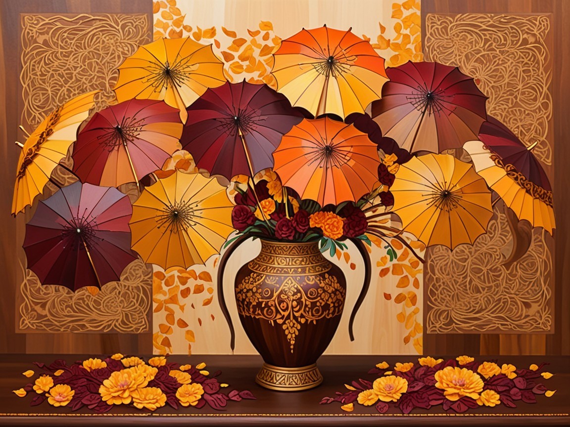 Decorative Scene with Autumn Umbrellas and Leaves