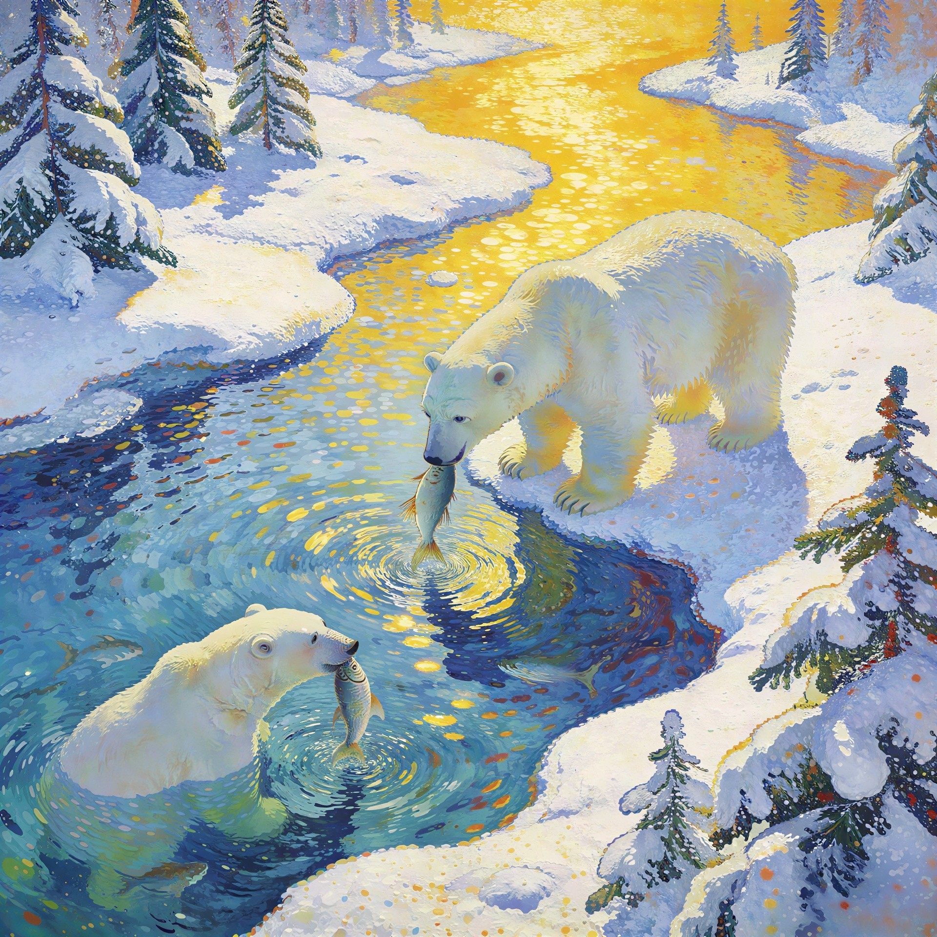 Polar Bears Fishing in a Snowy Boreal Forest River