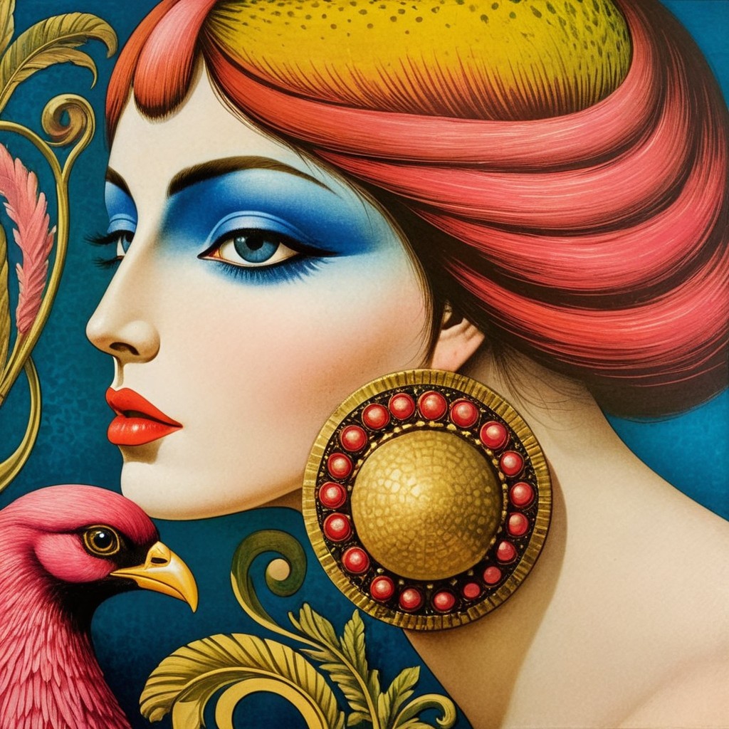 Stylized portrait of a woman with red hair and makeup