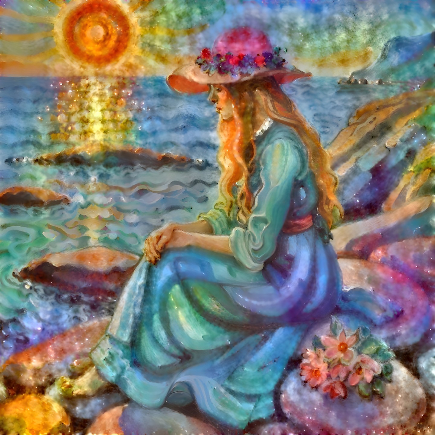 Young Woman by Ocean at Sunset with Flowers