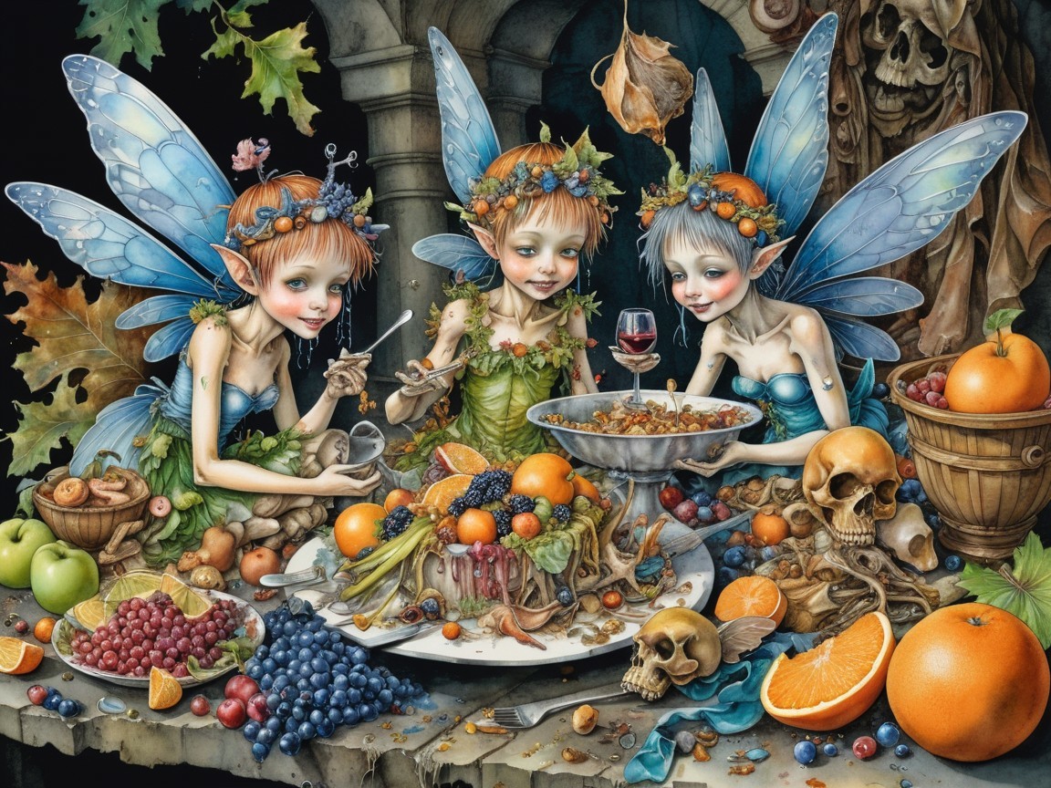 Three Fairies at a Lavish Table with Fruits and Decor