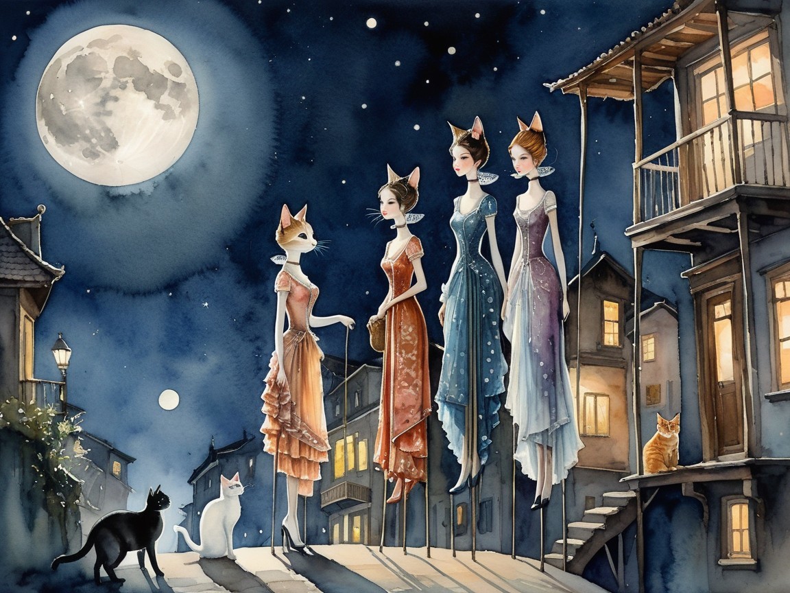 Whimsical Night Scene of Women with Cat Features
