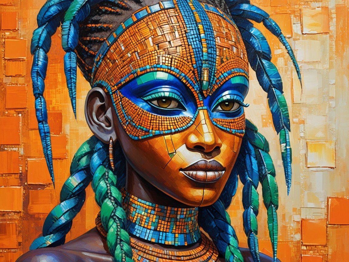 Portrait of a woman with vibrant face paint and mask