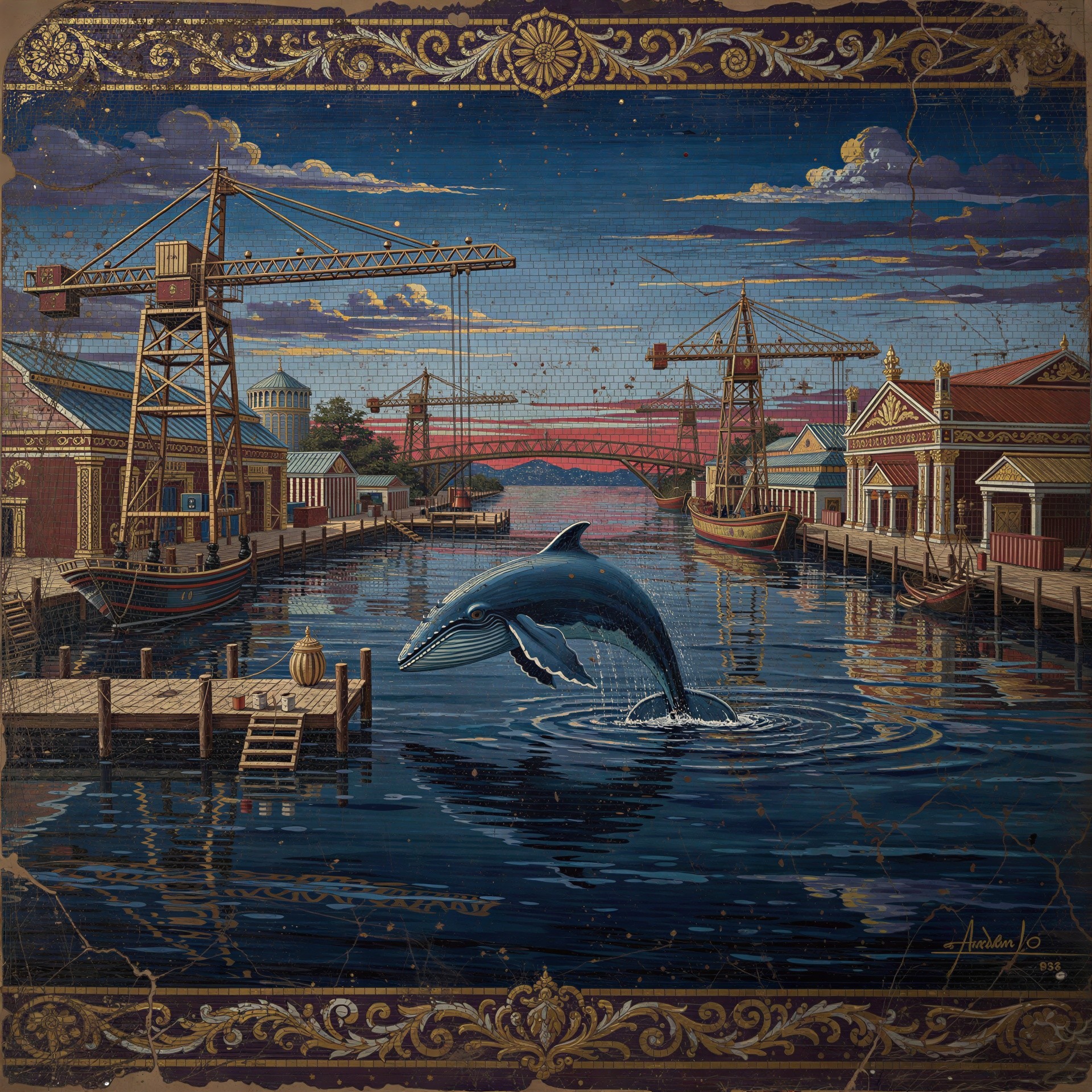 Mosaic Painting of a Dreamlike Night Harbor Scene