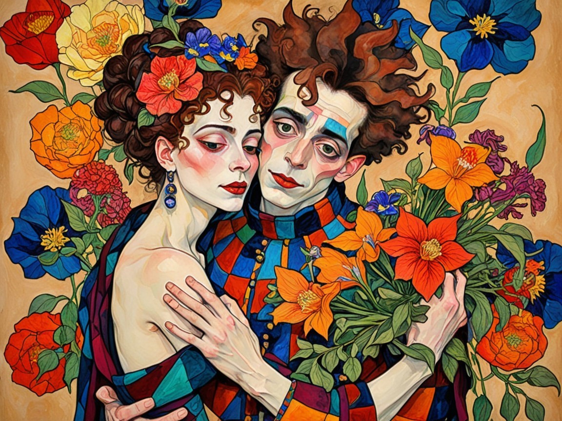 Couple Embracing in Colorful Floral Background