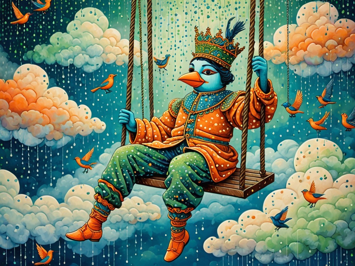 Blue Bird in Royal Attire on Swing Among Clouds